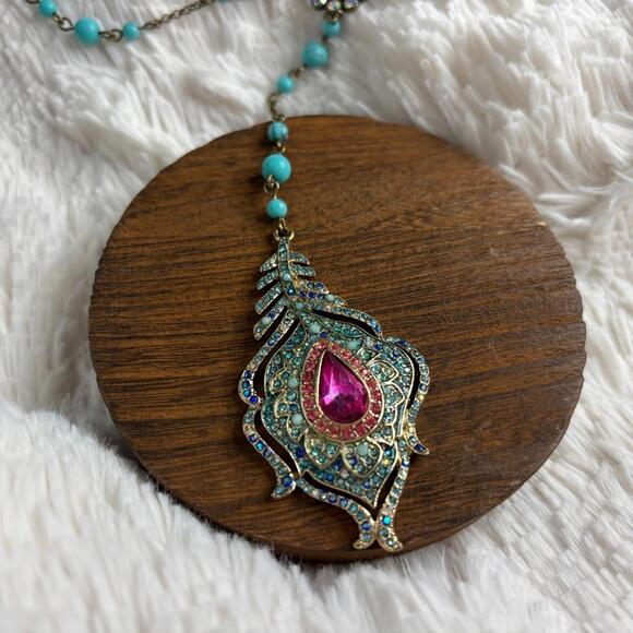 Betsey Johnson Necklace Bohemian-Style Crystal Rhinestone Peacock Feather Beaded - Picture 5 of 9